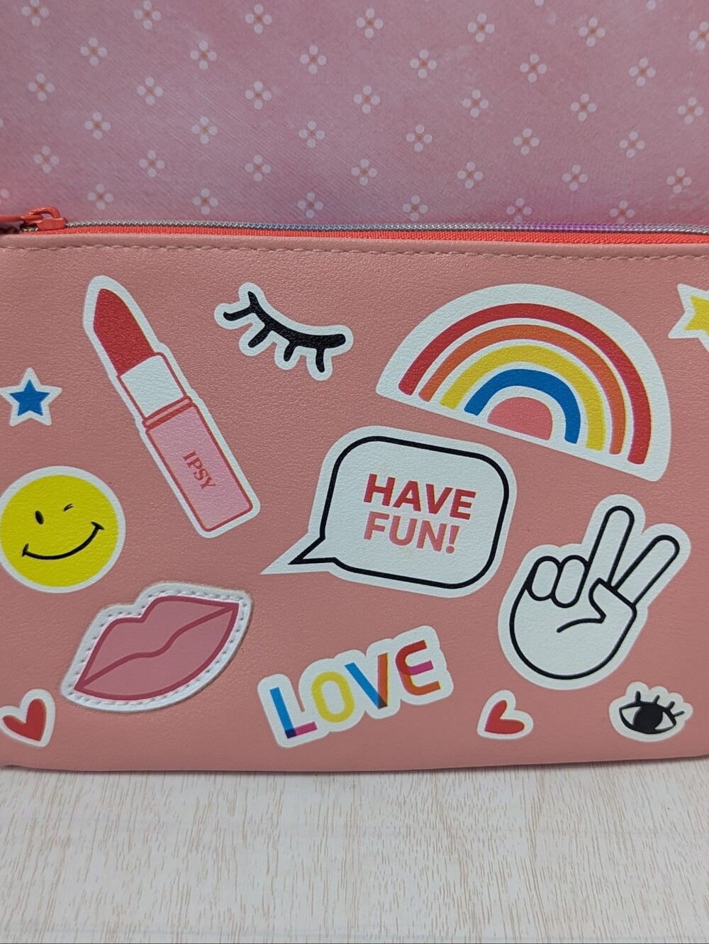Ipsy Makeup Bag Zipper Top Closure Pink Sticker Design